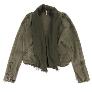 FREE PEOPLE Cropped Denim Jacket with French Terry Shawl Collar Military Green 2